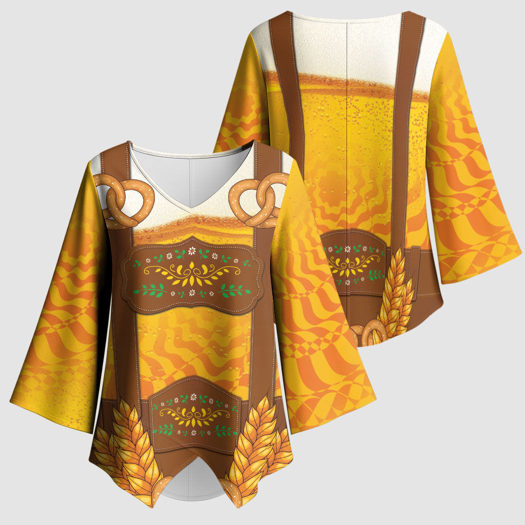Oktoberfest Lederhosen Pretzel Kimono Sleeve Blouse Bavarian Pattern Foam Beer Style