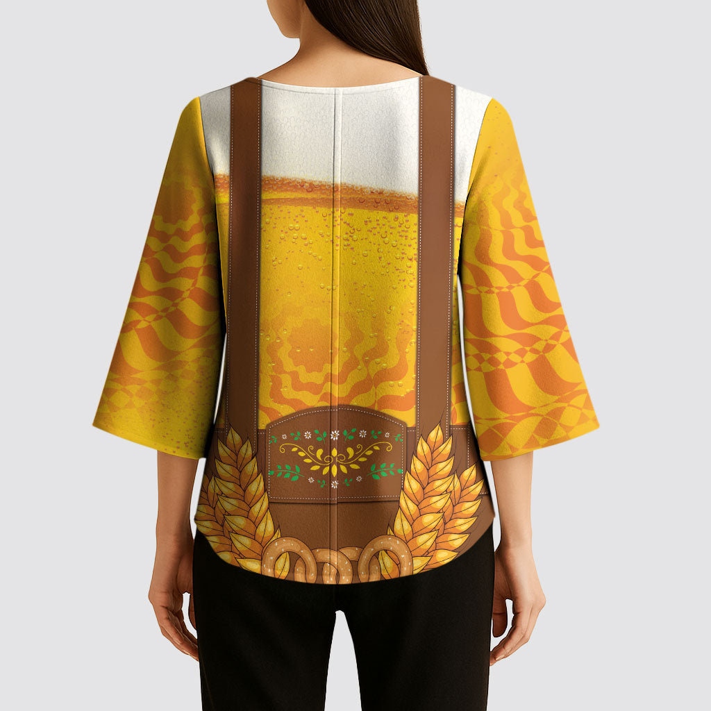 Oktoberfest Lederhosen Pretzel Kimono Sleeve Blouse Bavarian Pattern Foam Beer Style