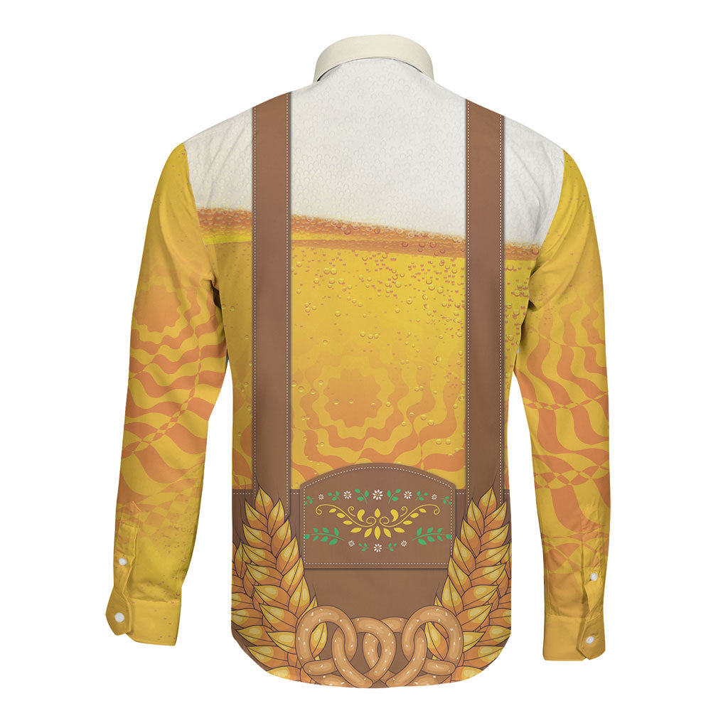 Oktoberfest Lederhosen Pretzel Long Sleeve Button Shirt Bavarian Pattern Foam Beer Style