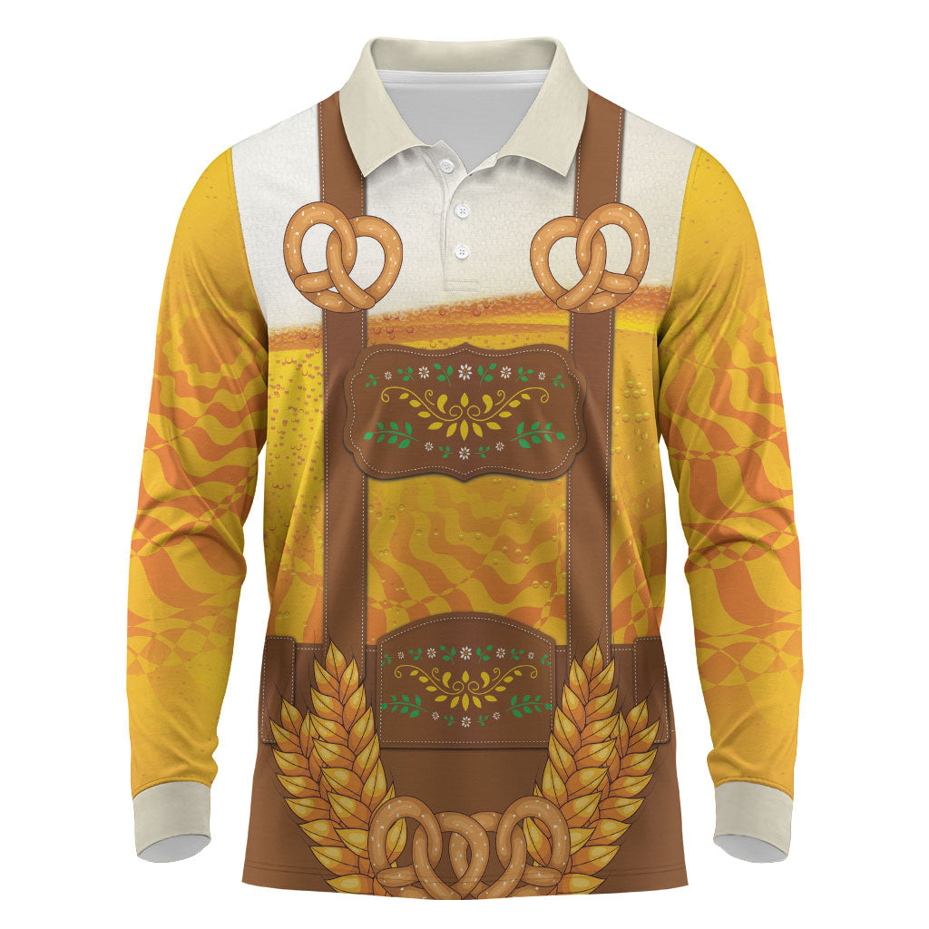 Oktoberfest Lederhosen Pretzel Long Sleeve Polo Shirt Bavarian Pattern Foam Beer Style