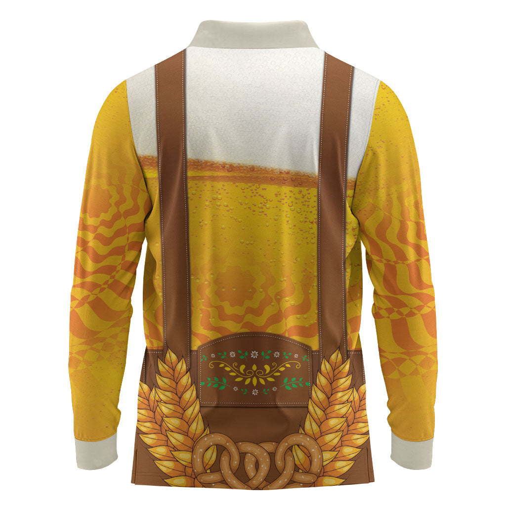 Oktoberfest Lederhosen Pretzel Long Sleeve Polo Shirt Bavarian Pattern Foam Beer Style