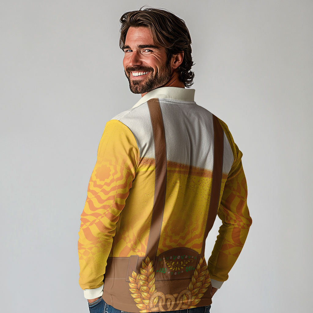 Oktoberfest Lederhosen Pretzel Long Sleeve Polo Shirt Bavarian Pattern Foam Beer Style