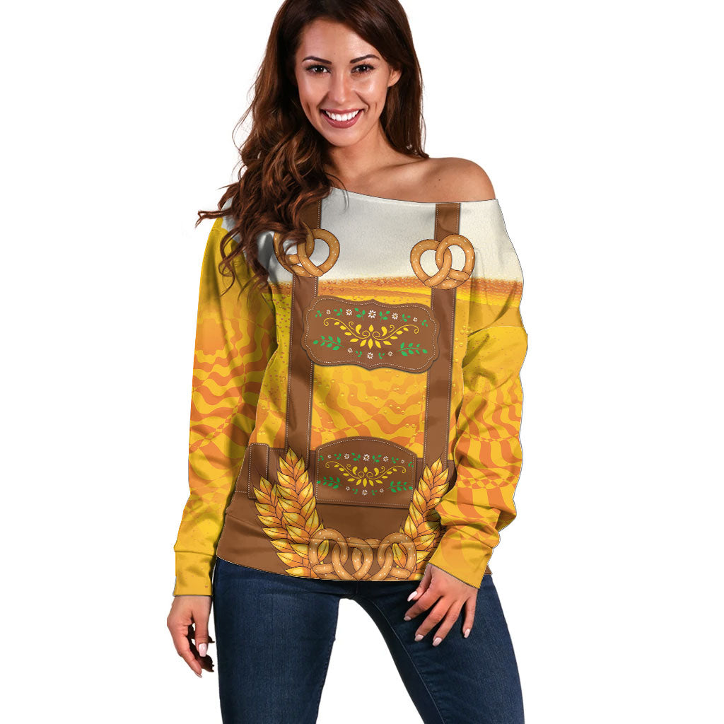 Oktoberfest Lederhosen Pretzel Off Shoulder Sweater Bavarian Pattern Foam Beer Style