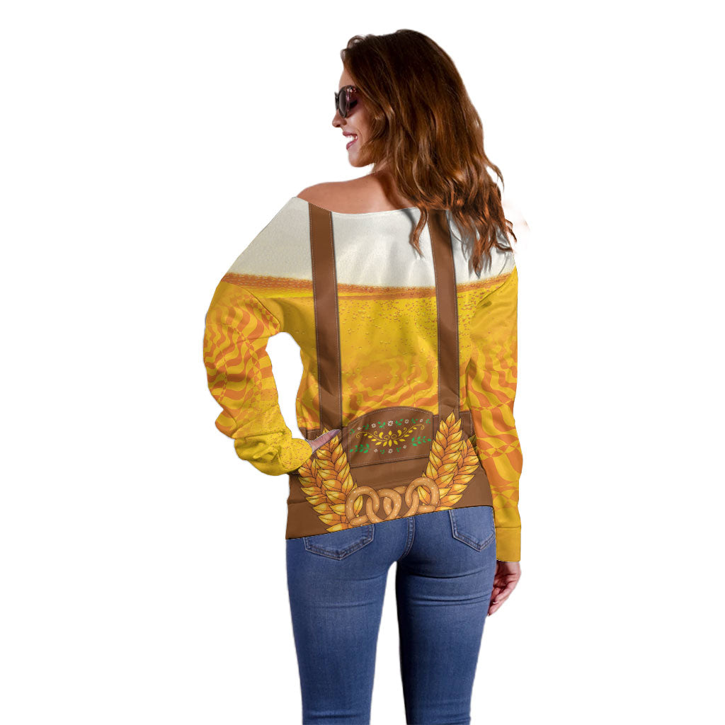 Oktoberfest Lederhosen Pretzel Off Shoulder Sweater Bavarian Pattern Foam Beer Style