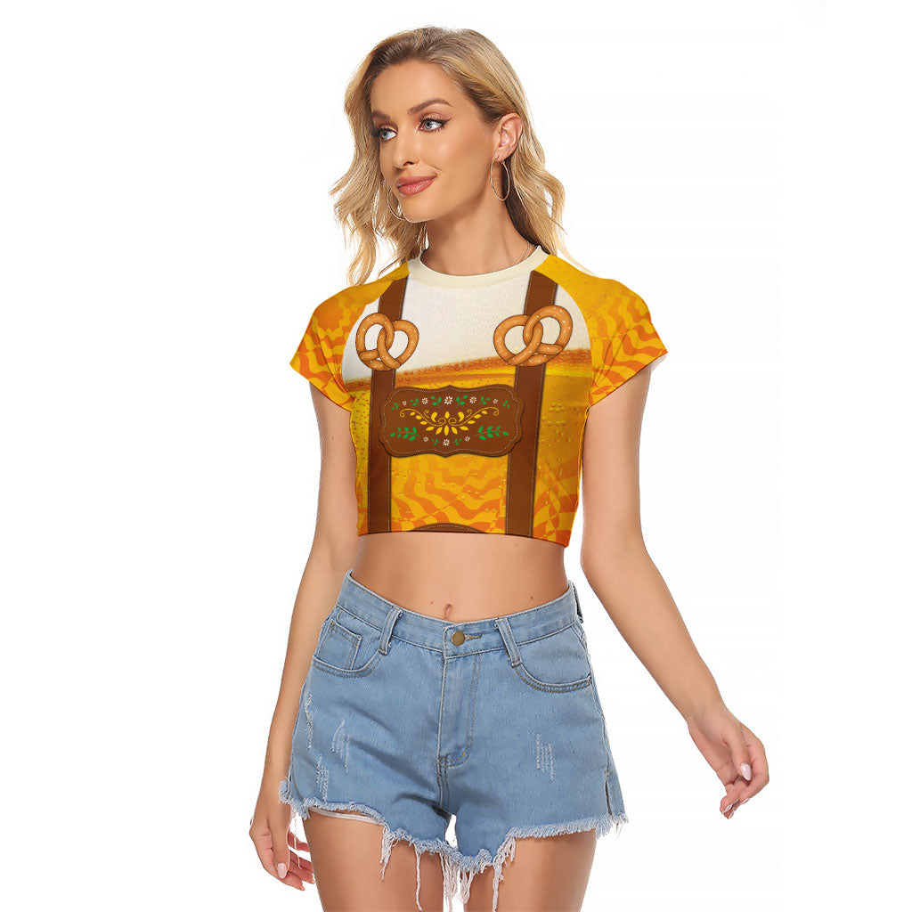 Oktoberfest Lederhosen Pretzel Raglan Cropped T Shirt Bavarian Pattern Foam Beer Style