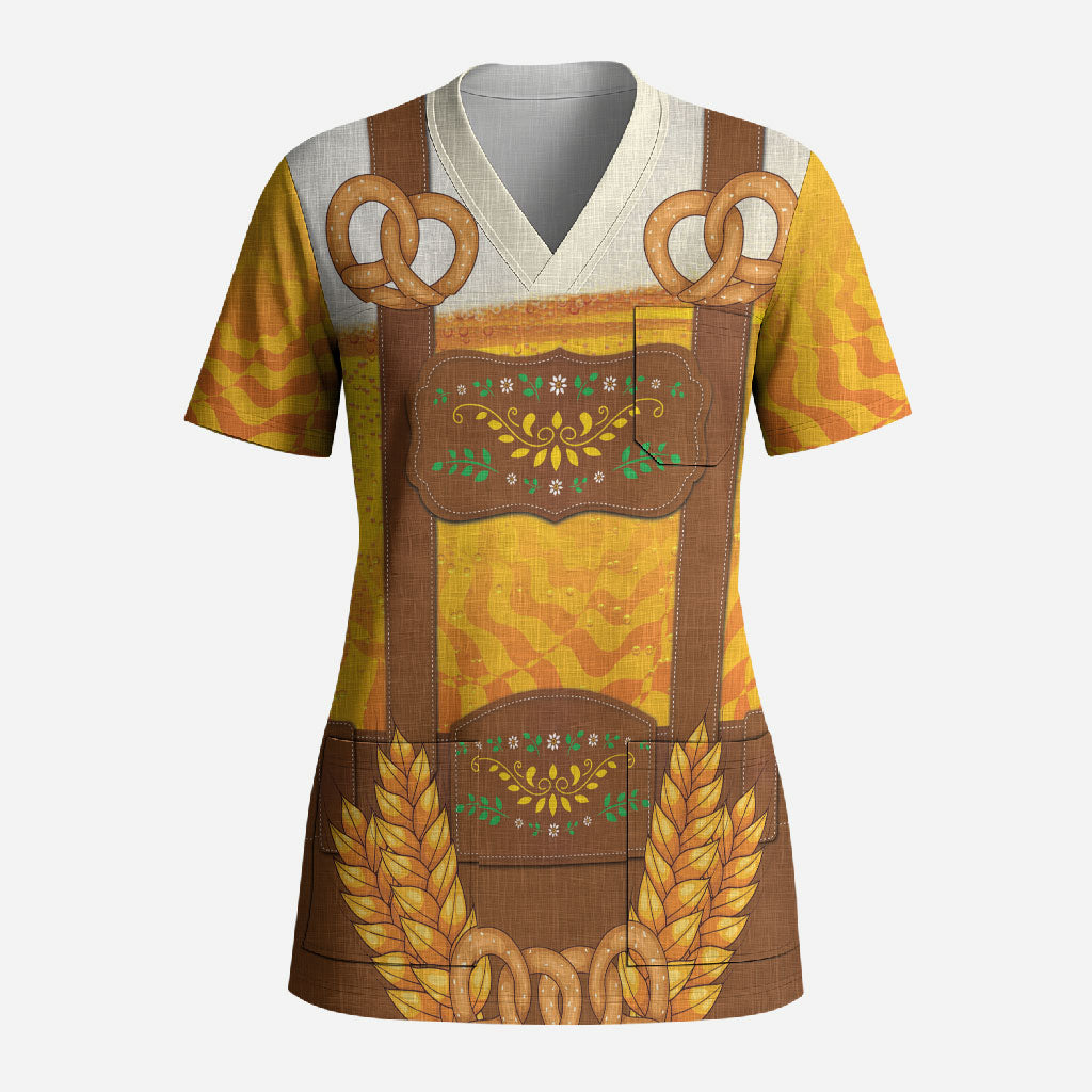 Oktoberfest Lederhosen Pretzel Scrub Top Bavarian Pattern Foam Beer Style