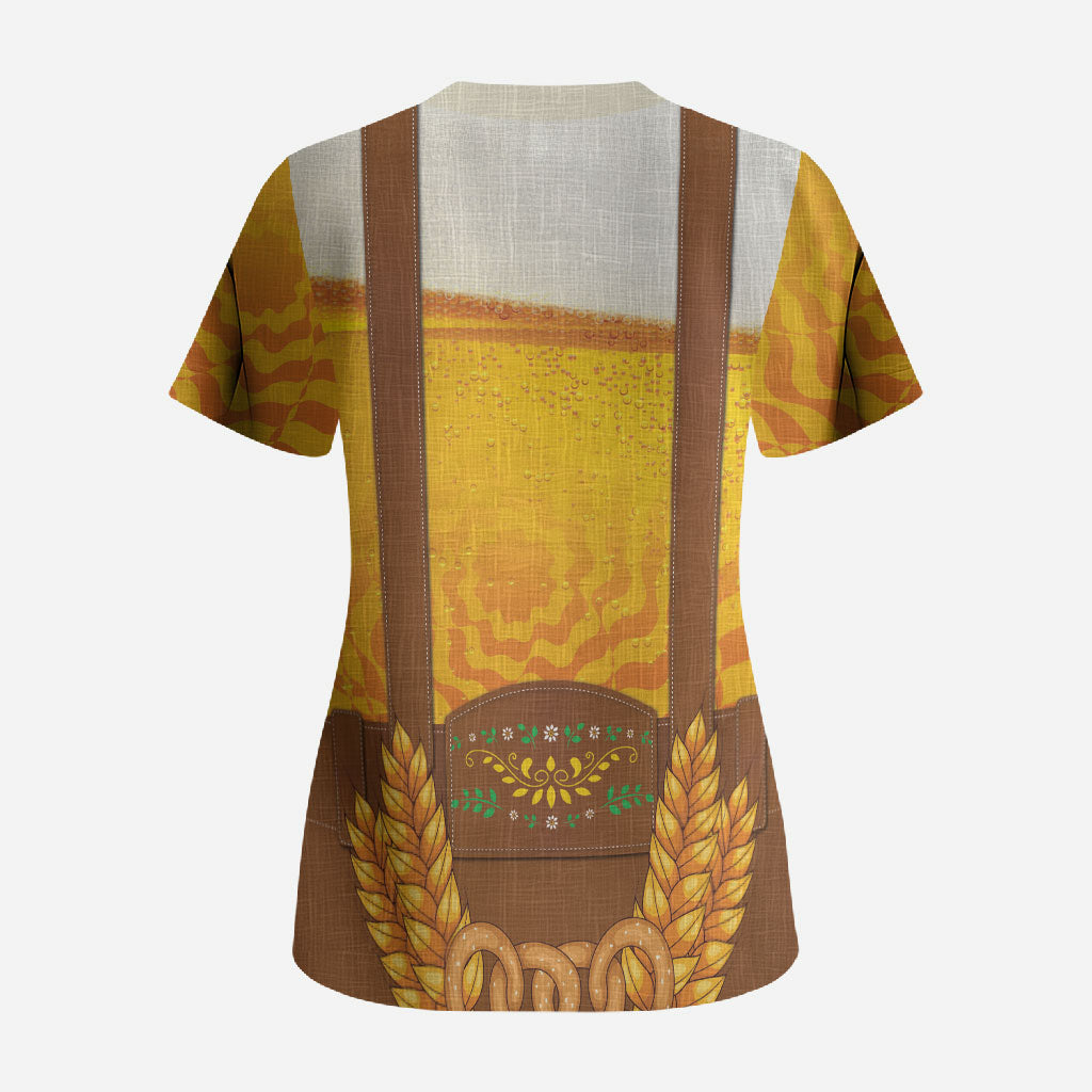 Oktoberfest Lederhosen Pretzel Scrub Top Bavarian Pattern Foam Beer Style