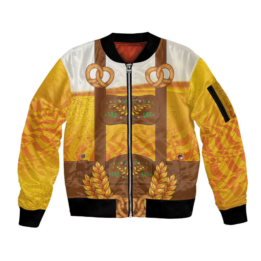 Oktoberfest Lederhosen Pretzel Sleeve Zip Bomber Jacket Bavarian Pattern Foam Beer Style