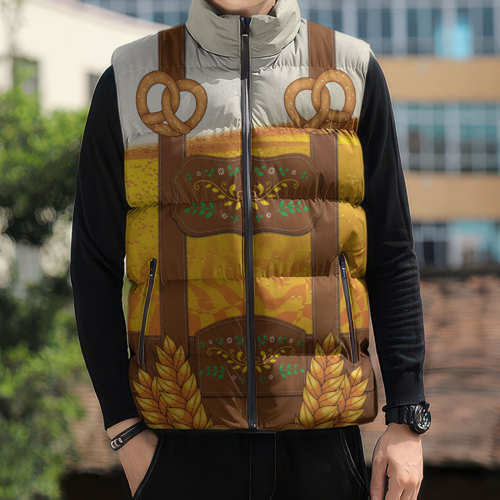 Oktoberfest Lederhosen Pretzel Sleeveless Puffer Jacket Bavarian Pattern Foam Beer Style