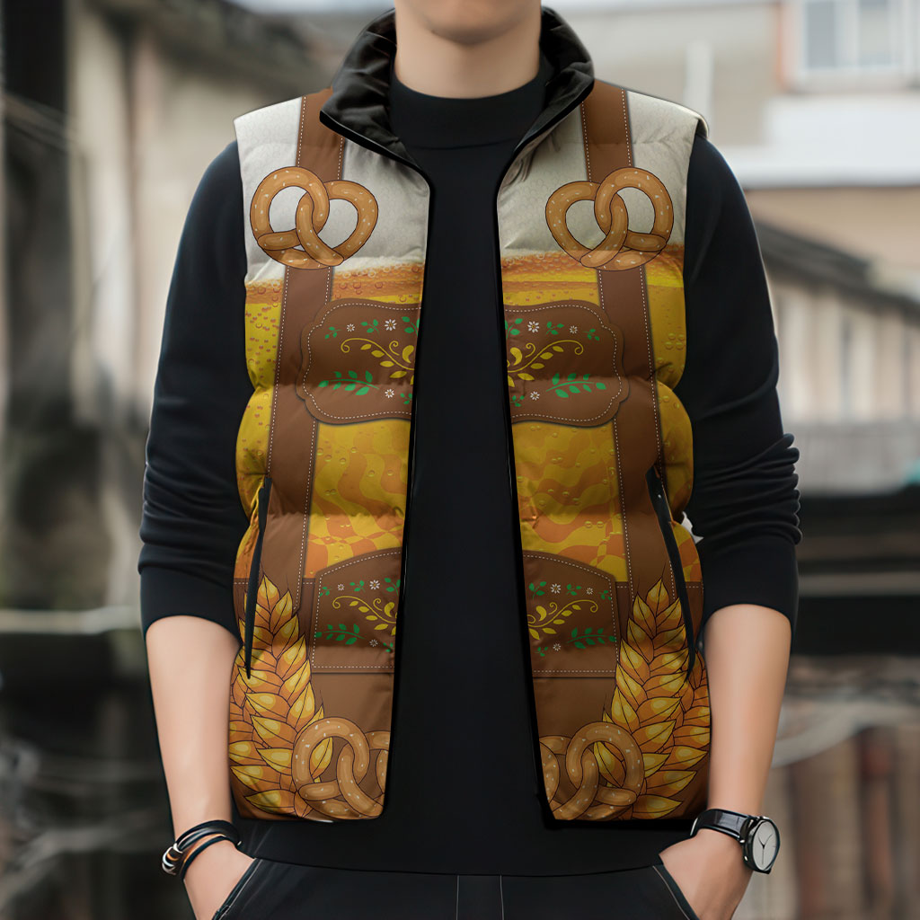 Oktoberfest Lederhosen Pretzel Sleeveless Puffer Jacket Bavarian Pattern Foam Beer Style
