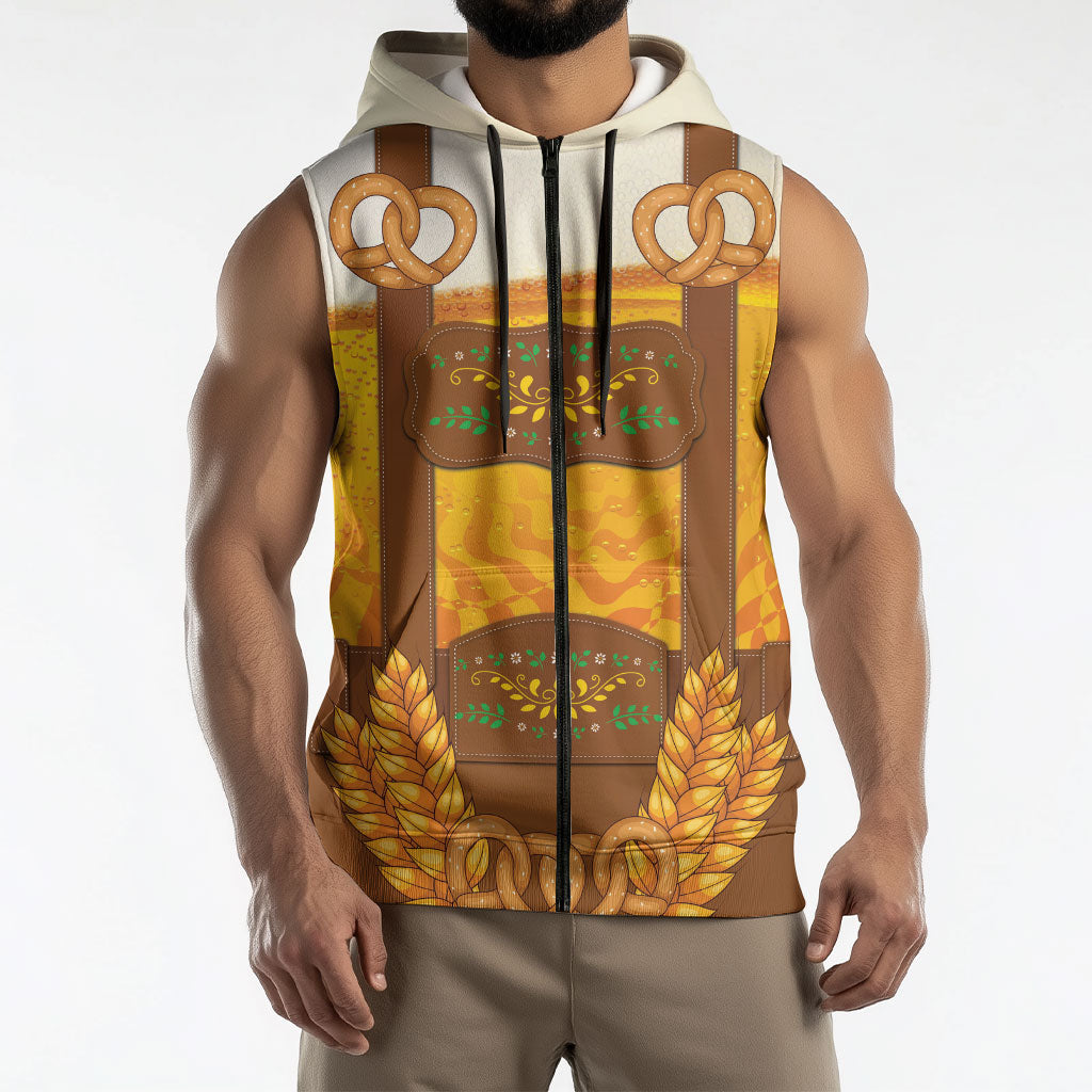 Oktoberfest Lederhosen Pretzel Sleeveless Zip Hoodie Bavarian Pattern Foam Beer Style
