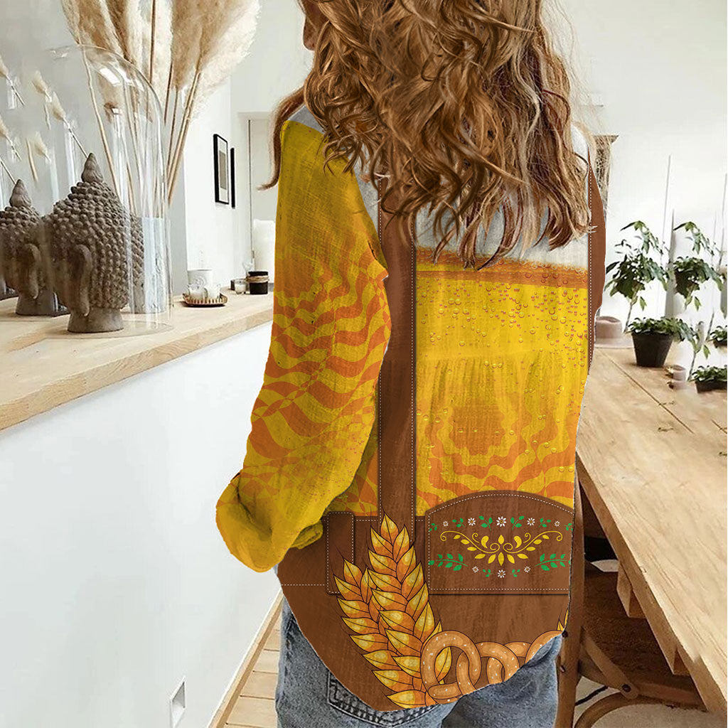 Oktoberfest Lederhosen Pretzel Women Casual Shirt Bavarian Pattern Foam Beer Style