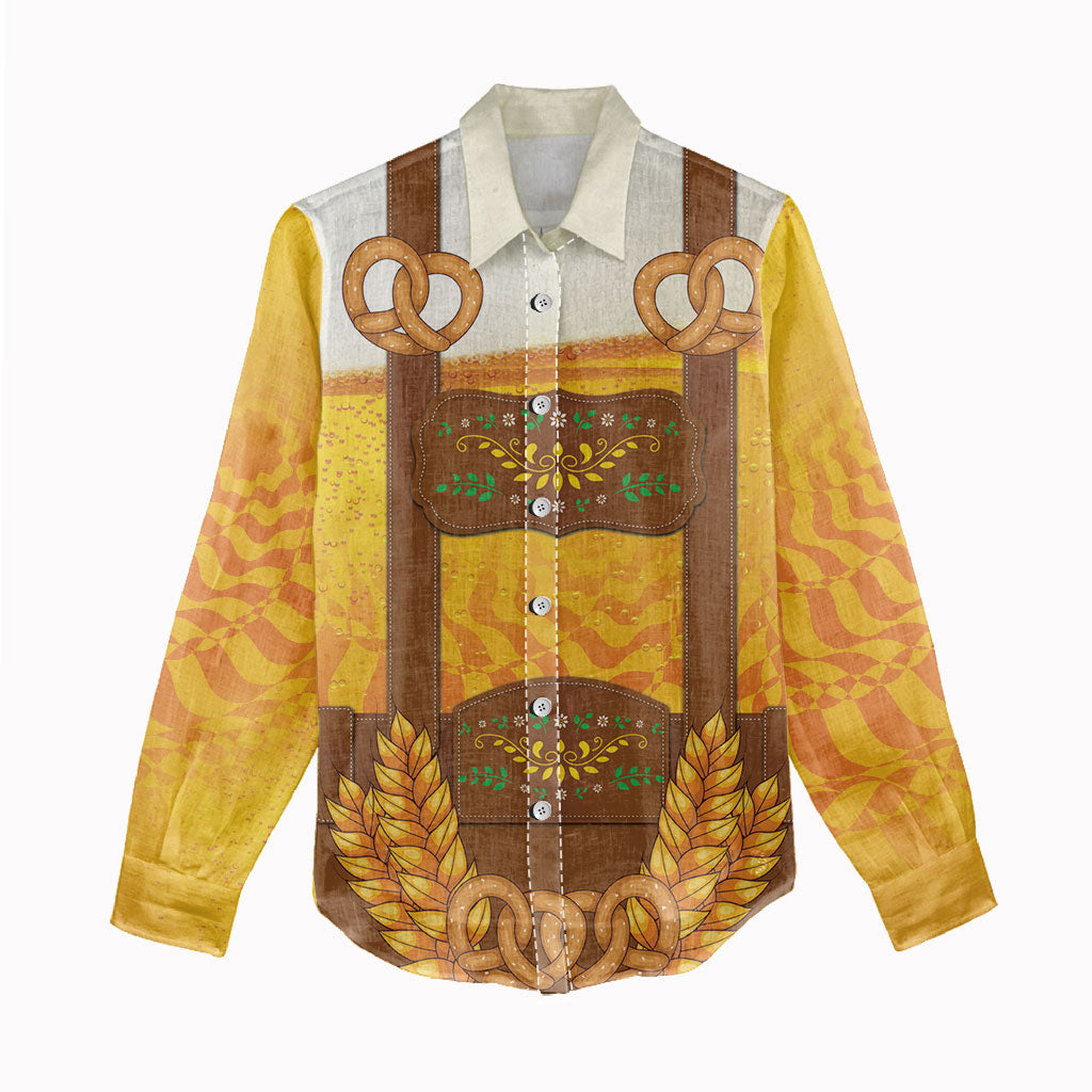 Oktoberfest Lederhosen Pretzel Women Casual Shirt Bavarian Pattern Foam Beer Style