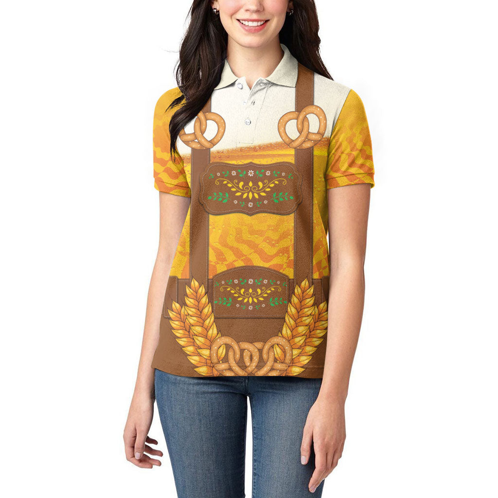 Oktoberfest Lederhosen Pretzel Women Polo Shirt Bavarian Pattern Foam Beer Style