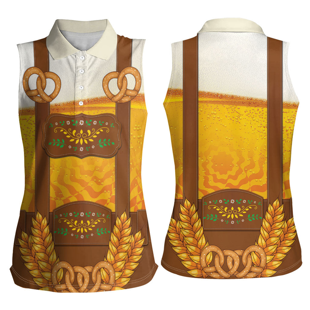 Oktoberfest Lederhosen Pretzel Women Sleeveless Polo Shirt Bavarian Pattern Foam Beer Style