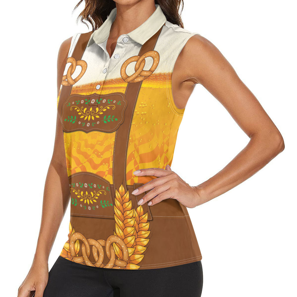 Oktoberfest Lederhosen Pretzel Women Sleeveless Polo Shirt Bavarian Pattern Foam Beer Style