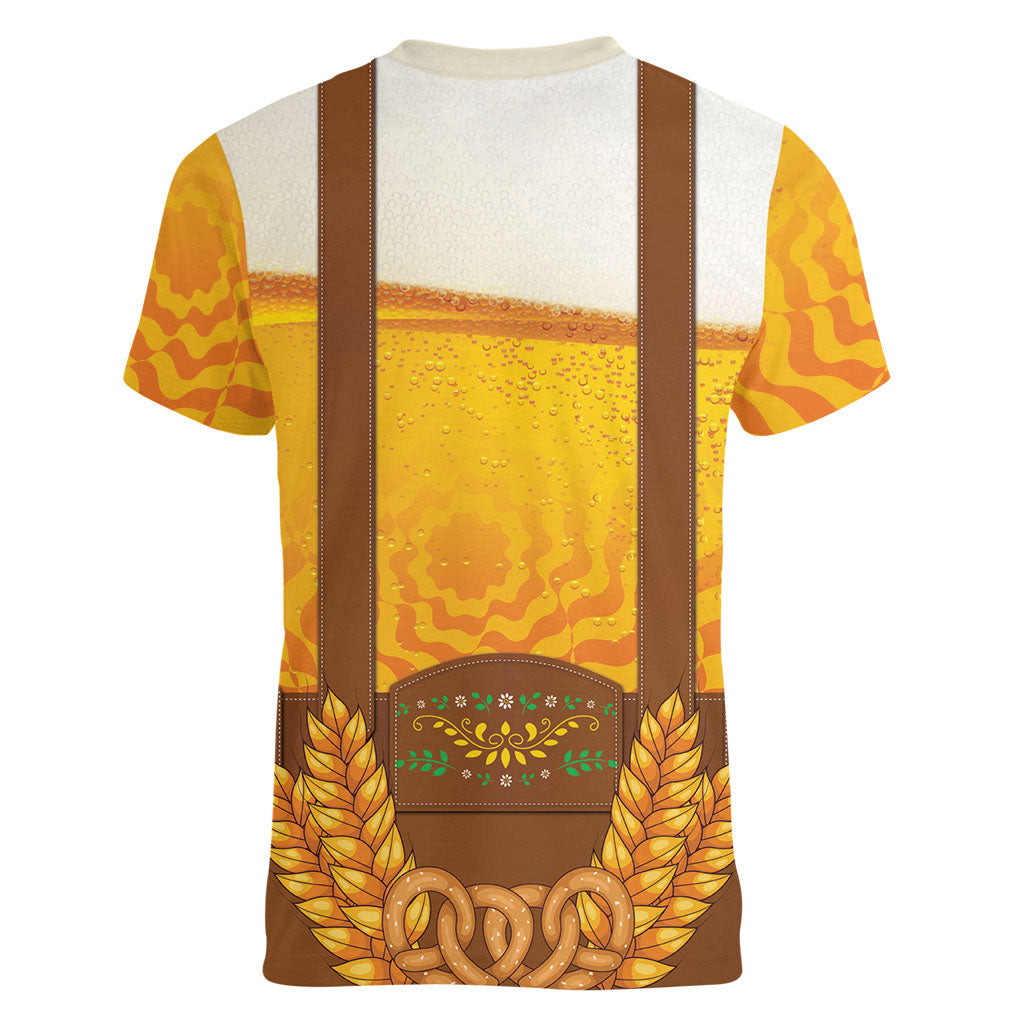 Oktoberfest Lederhosen Pretzel Women V-Neck T-Shirt Bavarian Pattern Foam Beer Style