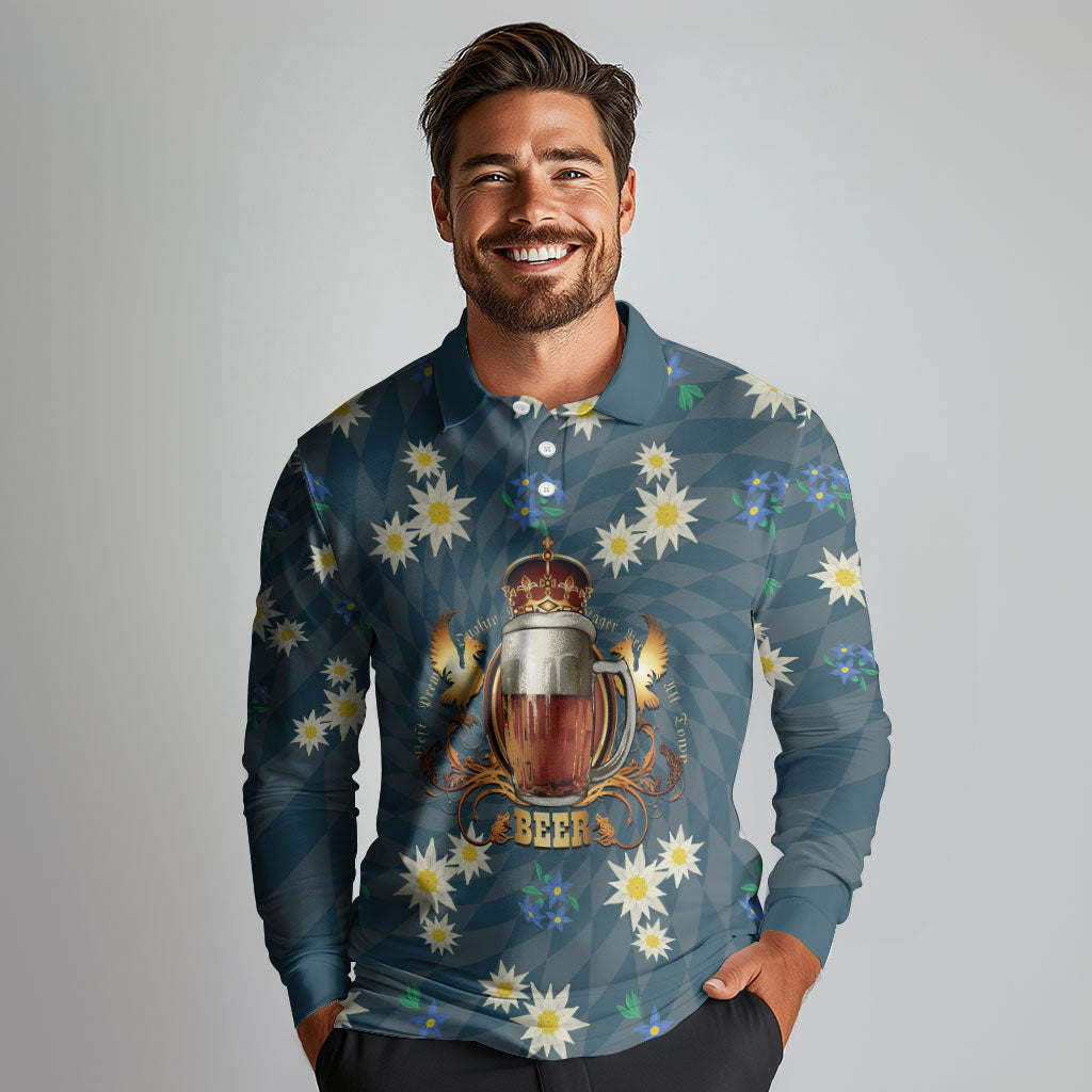 Oktoberfest Eagle Beer Prost Long Sleeve Polo Shirt Bavarian Polygon Pattern