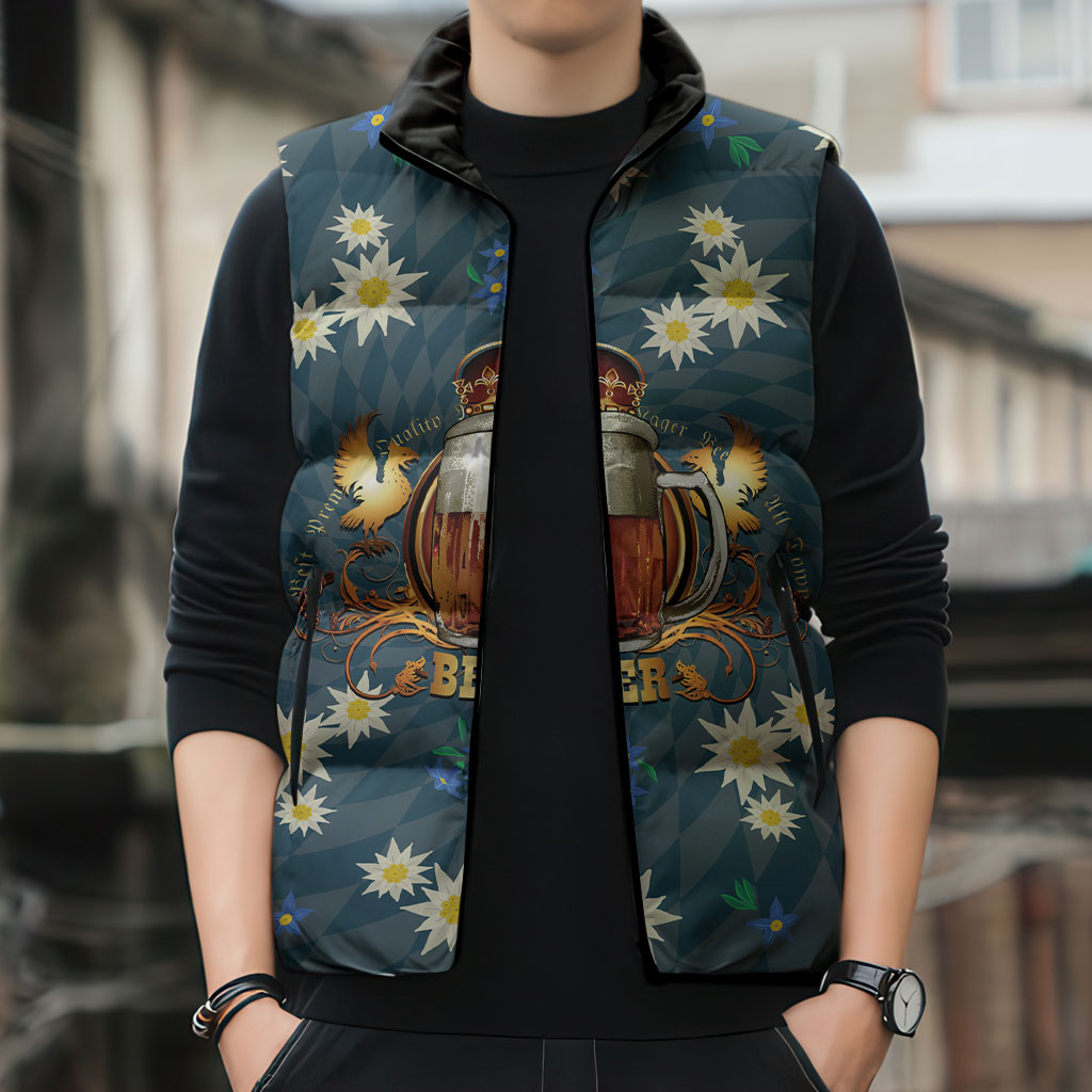 Oktoberfest Eagle Beer Prost Sleeveless Puffer Jacket Bavarian Polygon Pattern