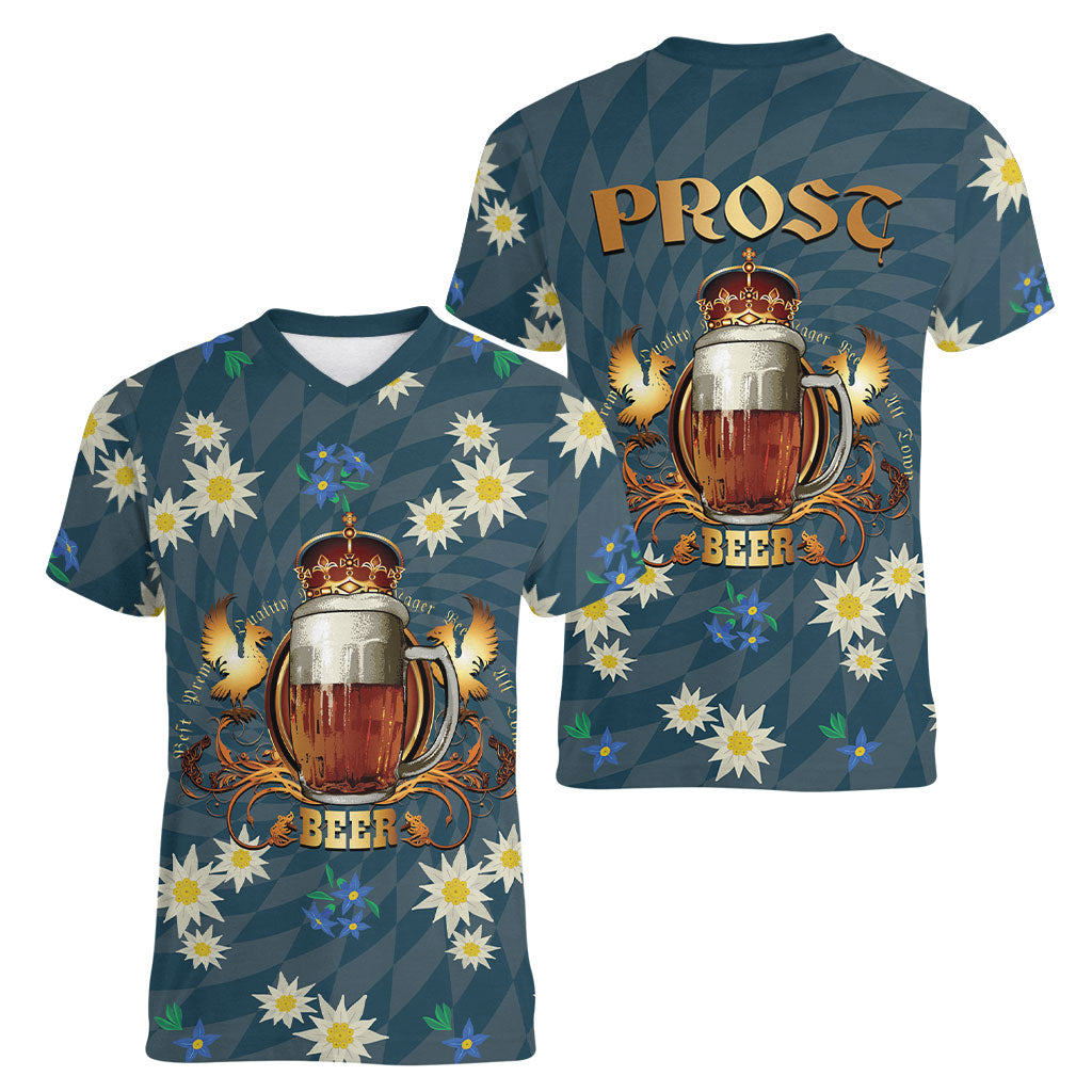 Oktoberfest Eagle Beer Prost Women V-Neck T-Shirt Bavarian Polygon Pattern