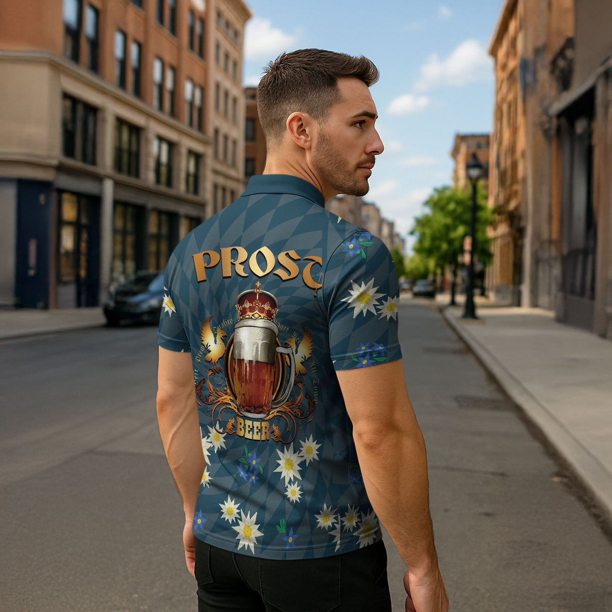 Oktoberfest Eagle Beer Prost Zipper Polo Shirt Bavarian Polygon Pattern