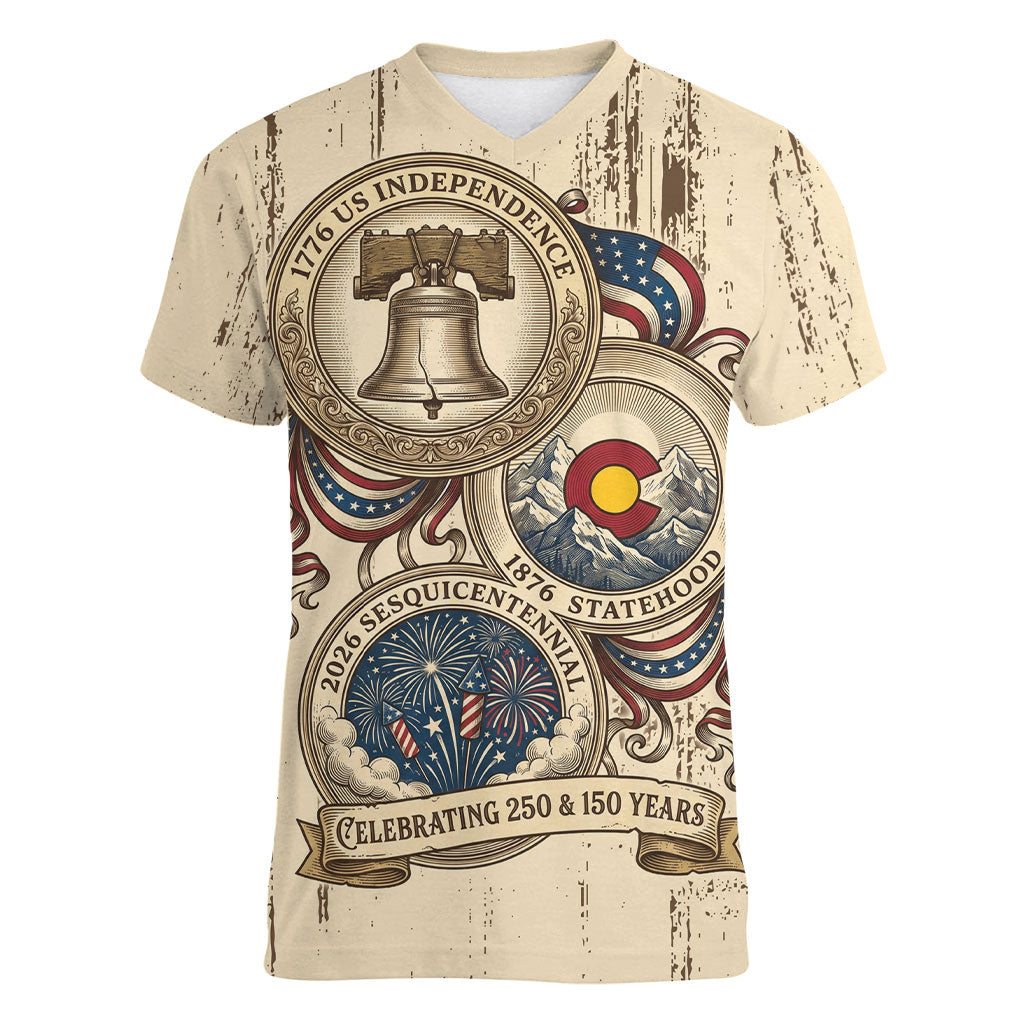 Colorado 150th Anniversary Centennial State Women V-Neck T-Shirt 1876-2026 Sesquicentennial State Heritage