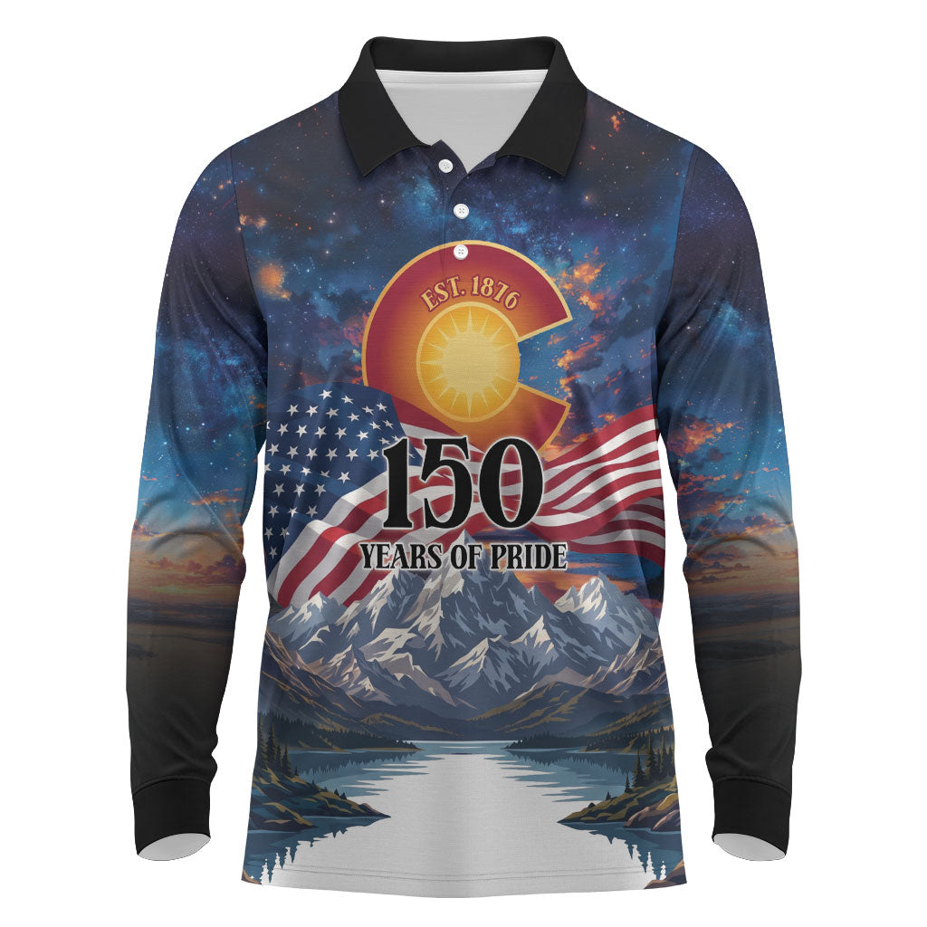 Colorado 150 America 250 Years Long Sleeve Polo Shirt Colorado Sesquicentennial State Heritage