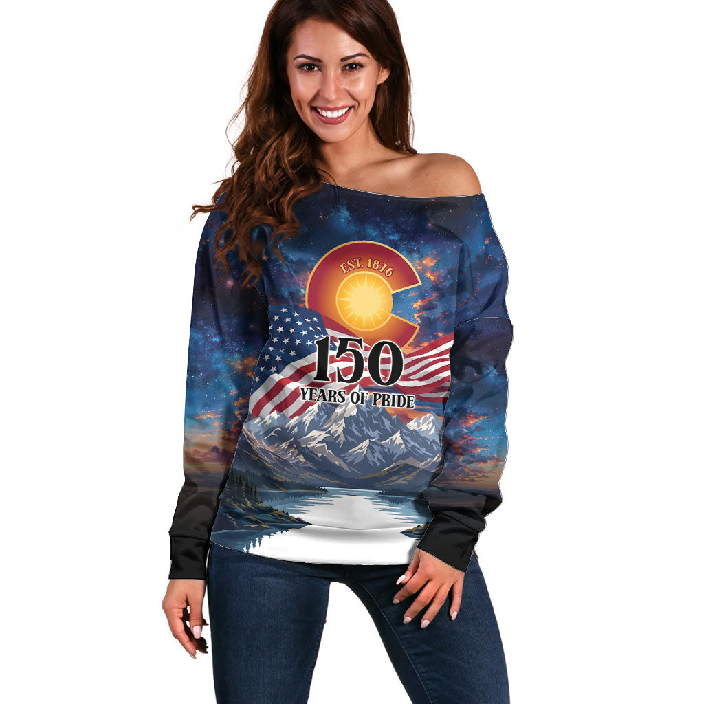 Colorado 150 America 250 Years Off Shoulder Sweater Colorado Sesquicentennial State Heritage