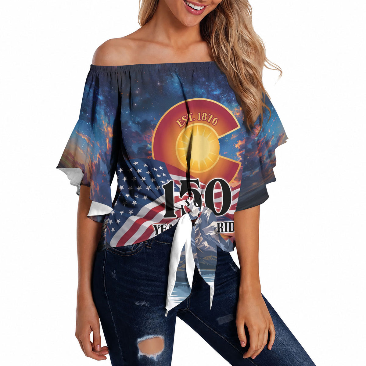 Colorado 150 America 250 Years Off Shoulder Wrap Waist Top Colorado Sesquicentennial State Heritage