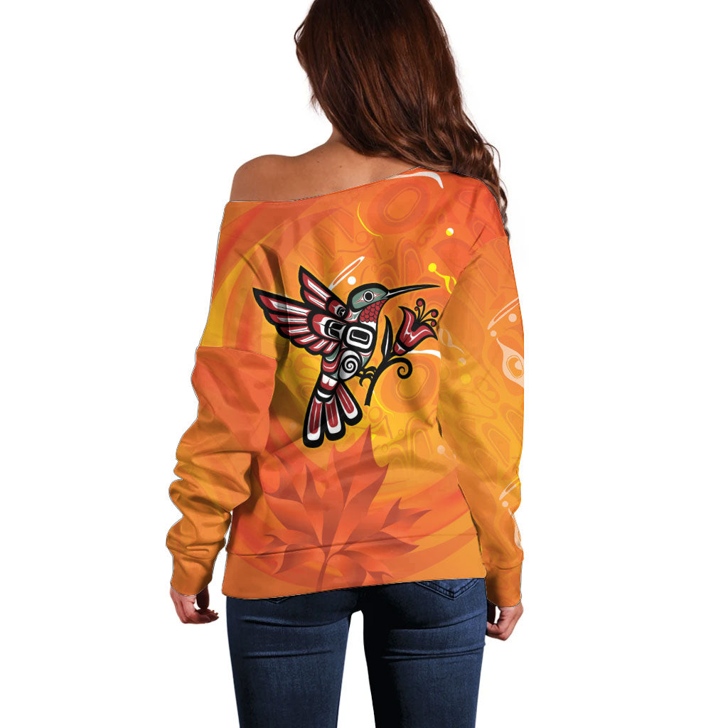 Canada Orange Shirt Day Haida Hummingbird Off Shoulder Sweater September 30 Truth and Reconciliation