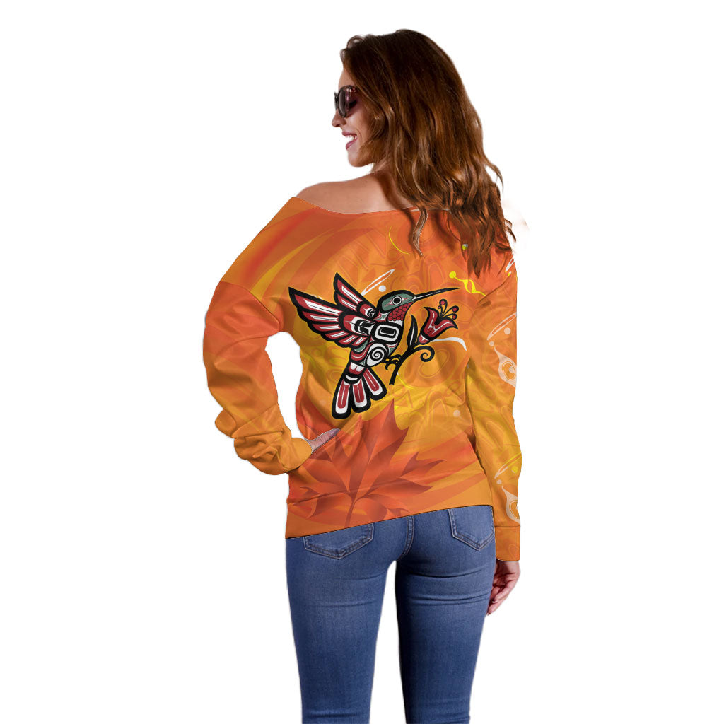 Canada Orange Shirt Day Haida Hummingbird Off Shoulder Sweater September 30 Truth and Reconciliation