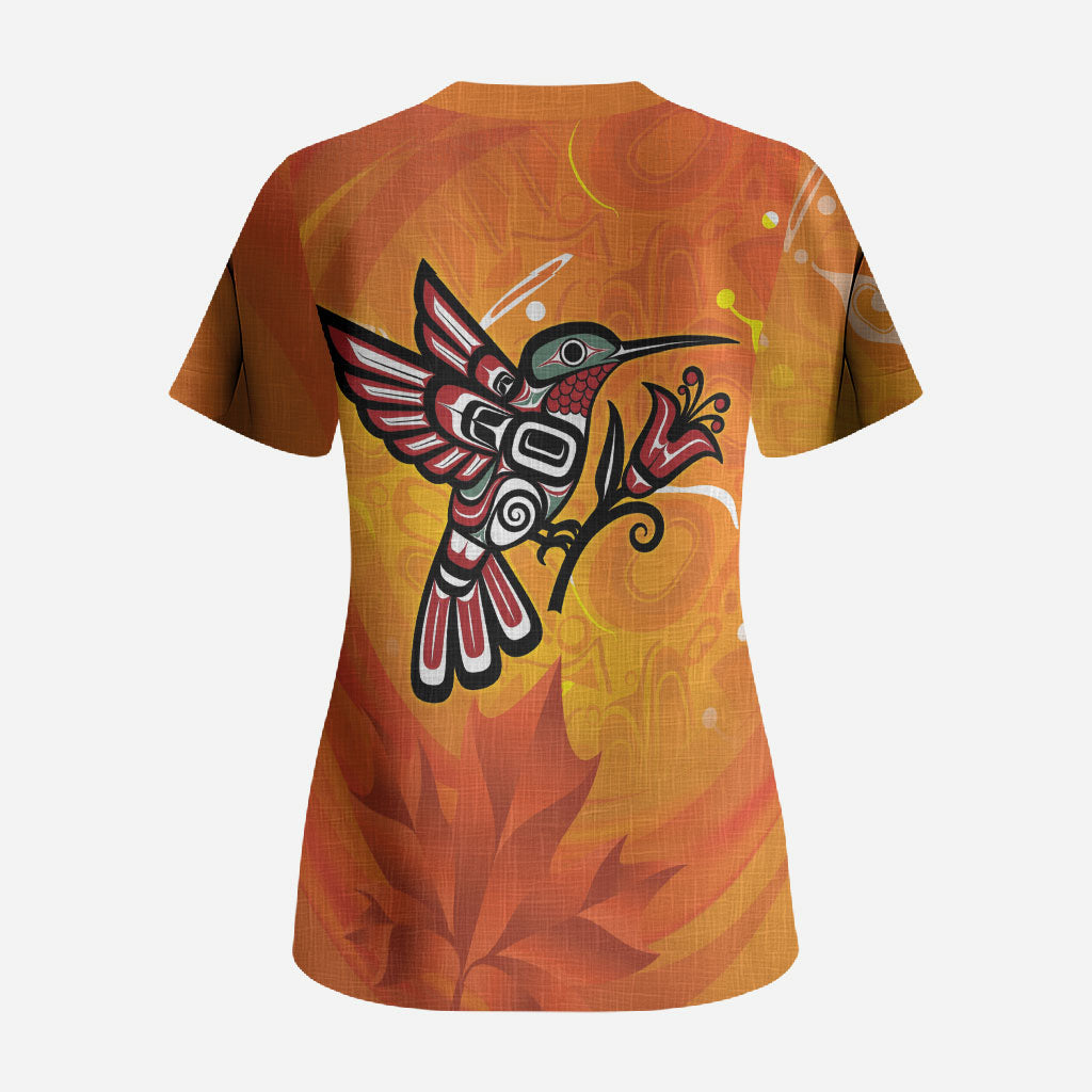 Canada Orange Shirt Day Haida Hummingbird Scrub Top September 30 Truth and Reconciliation