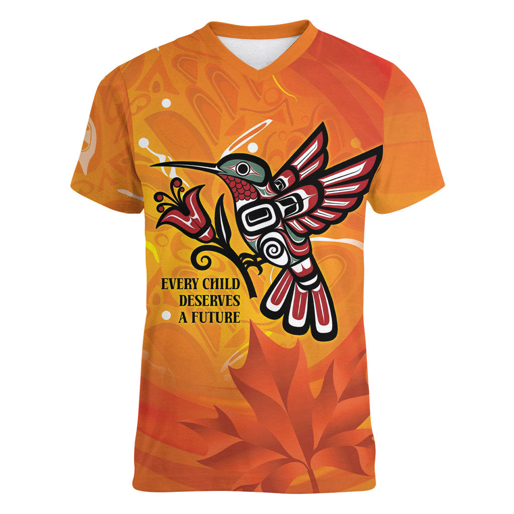 Canada Orange Shirt Day Haida Hummingbird Women V-Neck T-Shirt September 30 Truth and Reconciliation