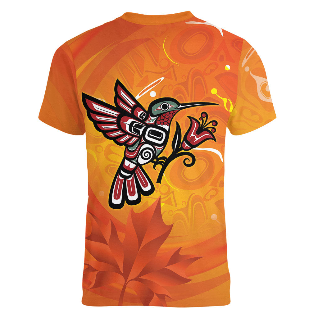 Canada Orange Shirt Day Haida Hummingbird Women V-Neck T-Shirt September 30 Truth and Reconciliation