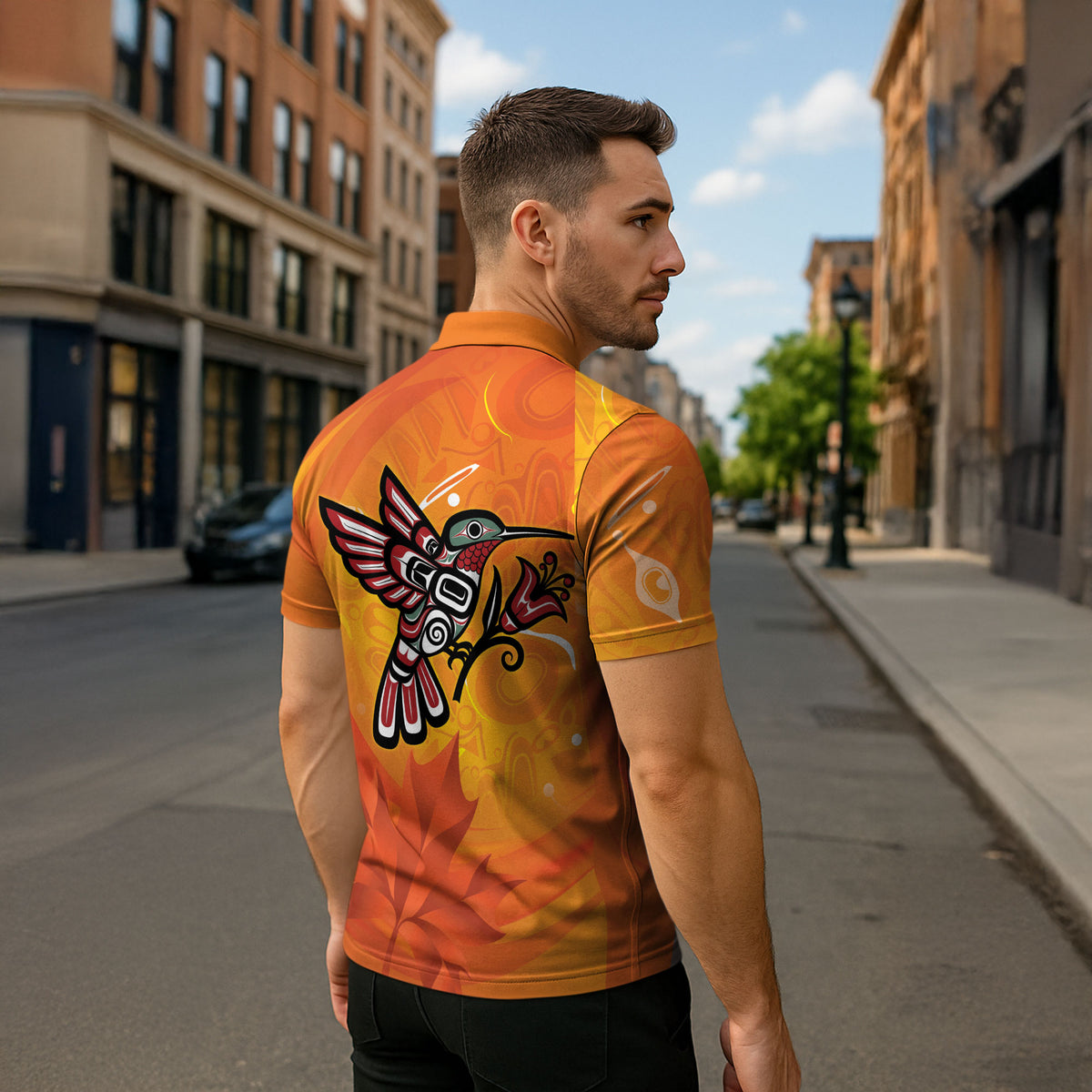 Canada Orange Shirt Day Haida Hummingbird Zipper Polo Shirt September 30 Truth and Reconciliation