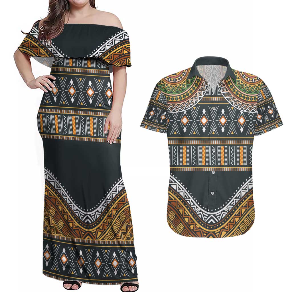 Africa Ethnic Native Pattern Couples Matching Off Shoulder Maxi Dress and Hawaiian Shirt LT9 - Wonder Print Shop