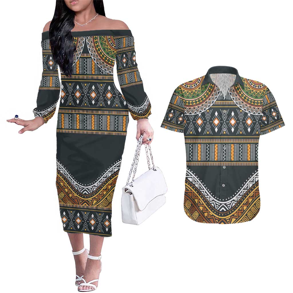 Africa Ethnic Native Pattern Couples Matching Off The Shoulder Long Sleeve Dress and Hawaiian Shirt LT9 - Wonder Print Shop