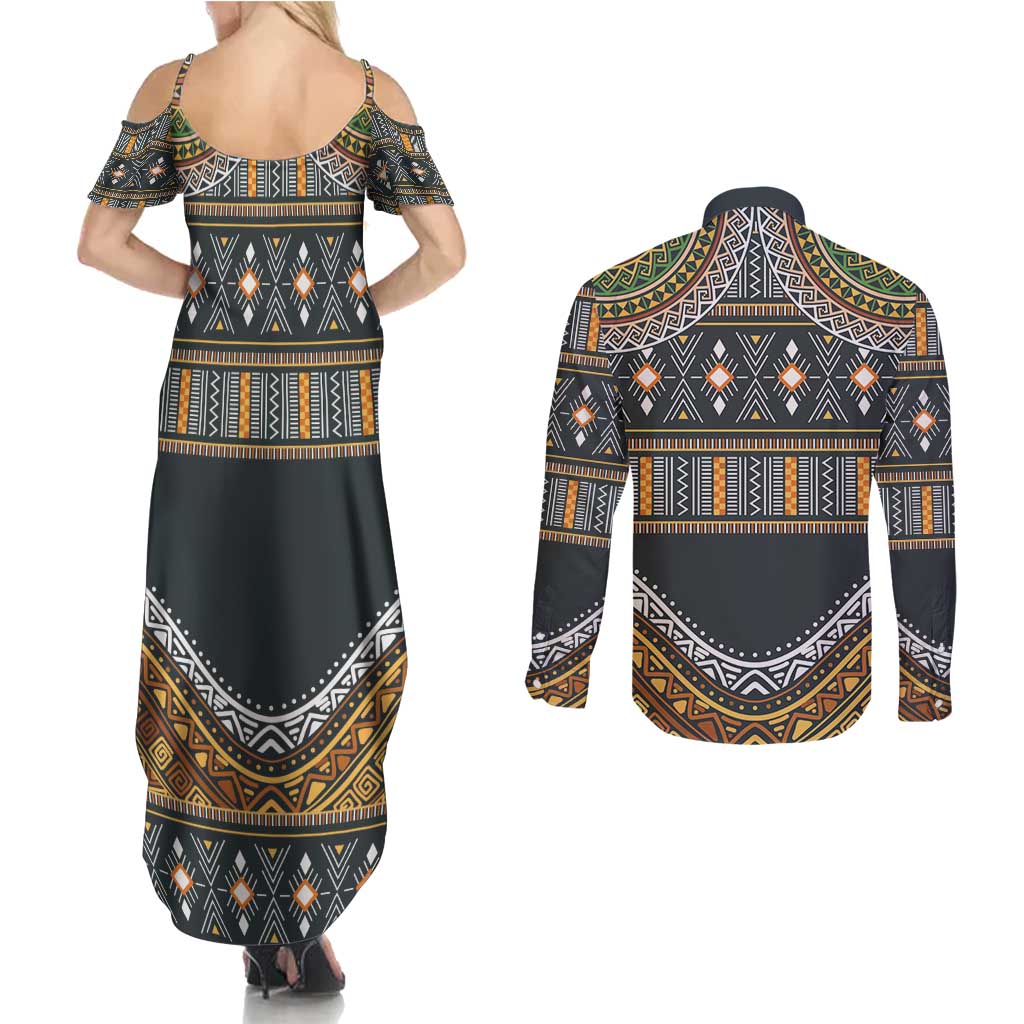 Africa Ethnic Native Pattern Couples Matching Summer Maxi Dress and Long Sleeve Button Shirt LT9 - Wonder Print Shop