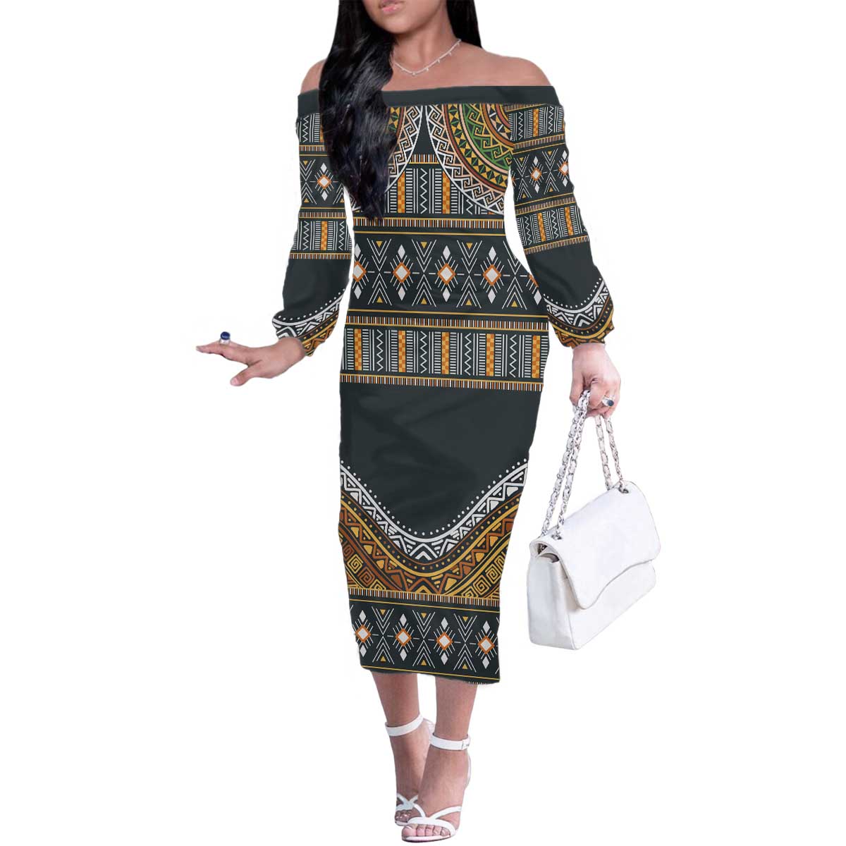 Africa Ethnic Native Pattern Family Matching Off The Shoulder Long Sleeve Dress and Hawaiian Shirt - Wonder Print Shop