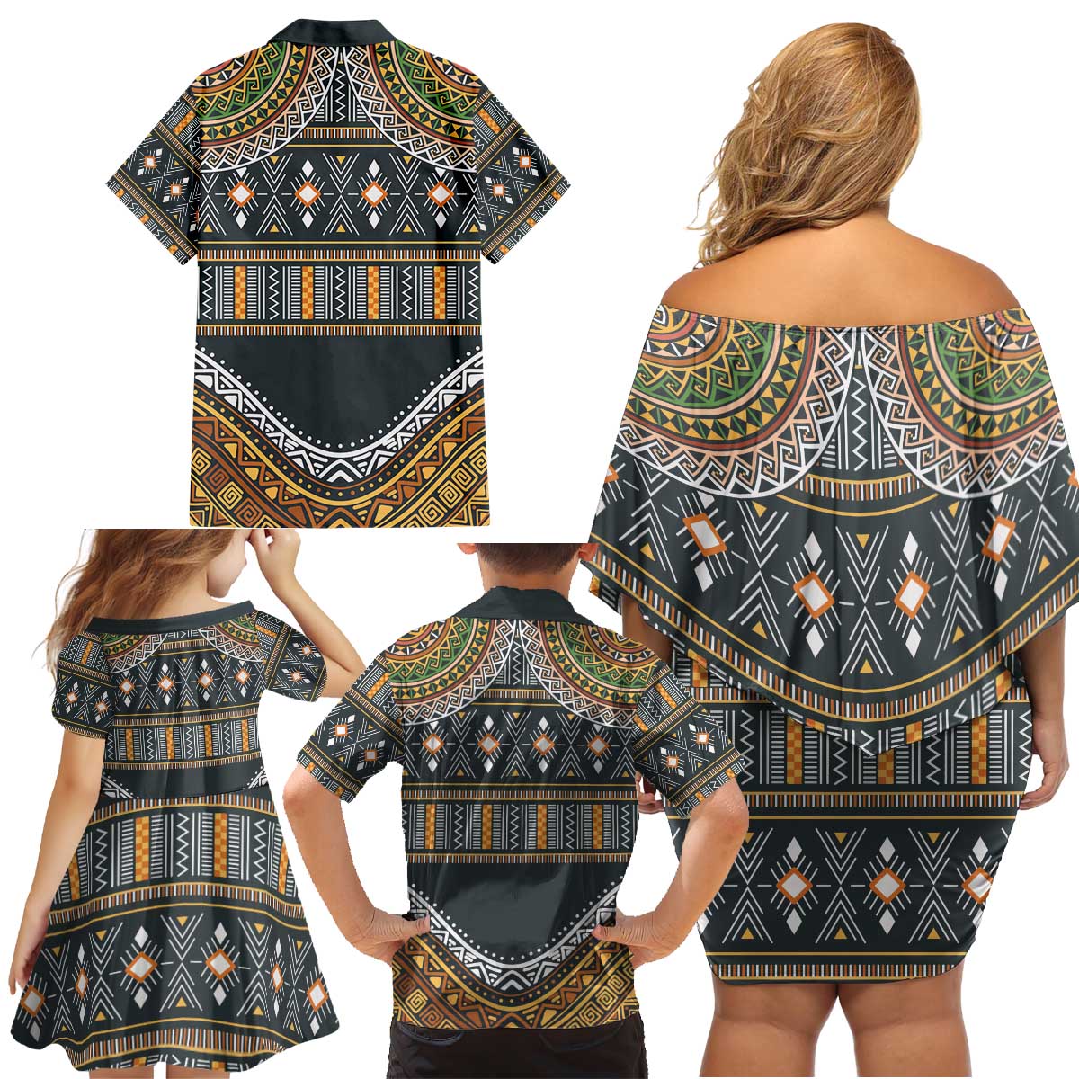 Africa Ethnic Native Pattern Family Matching Off Shoulder Short Dress and Hawaiian Shirt LT9 - Wonder Print Shop