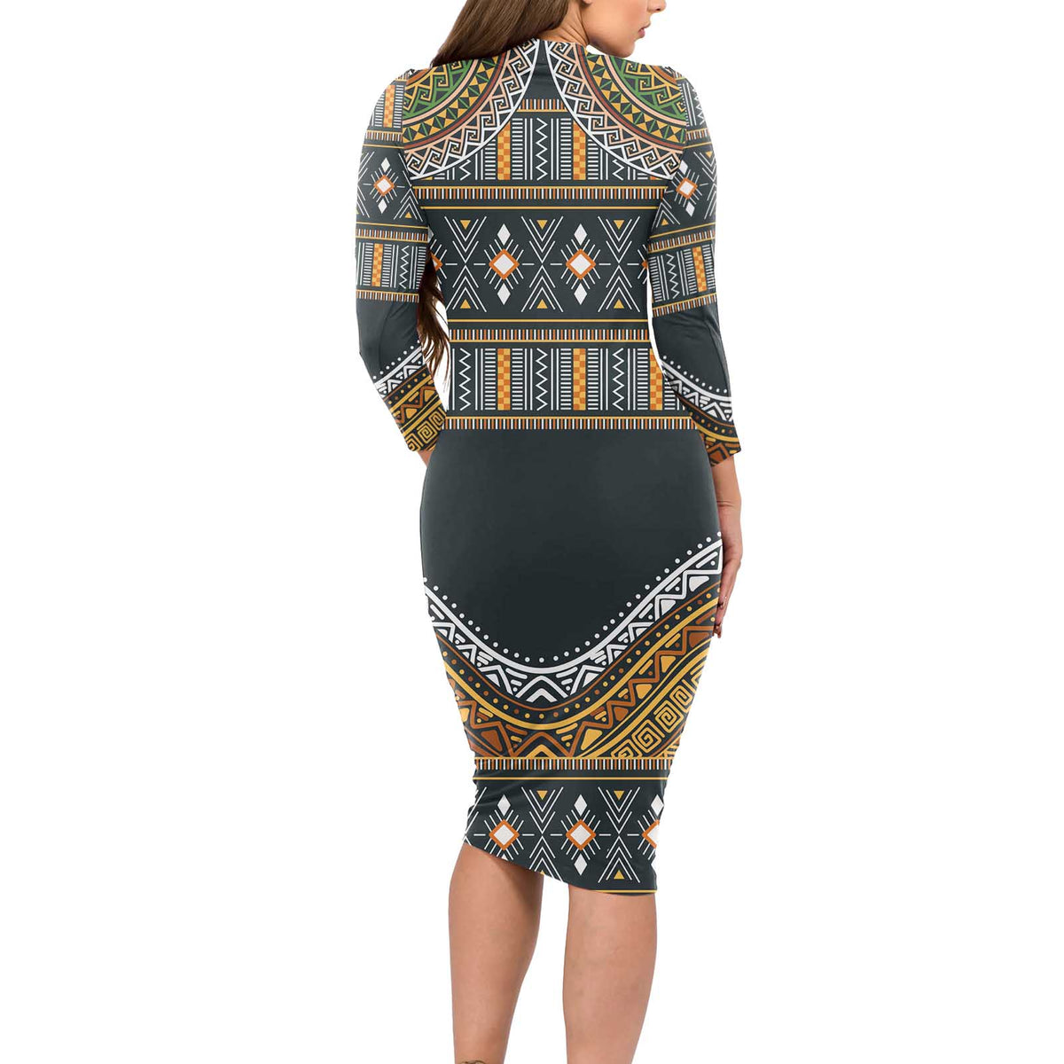 Africa Ethnic Native Pattern Long Sleeve Bodycon Dress - Wonder Print Shop