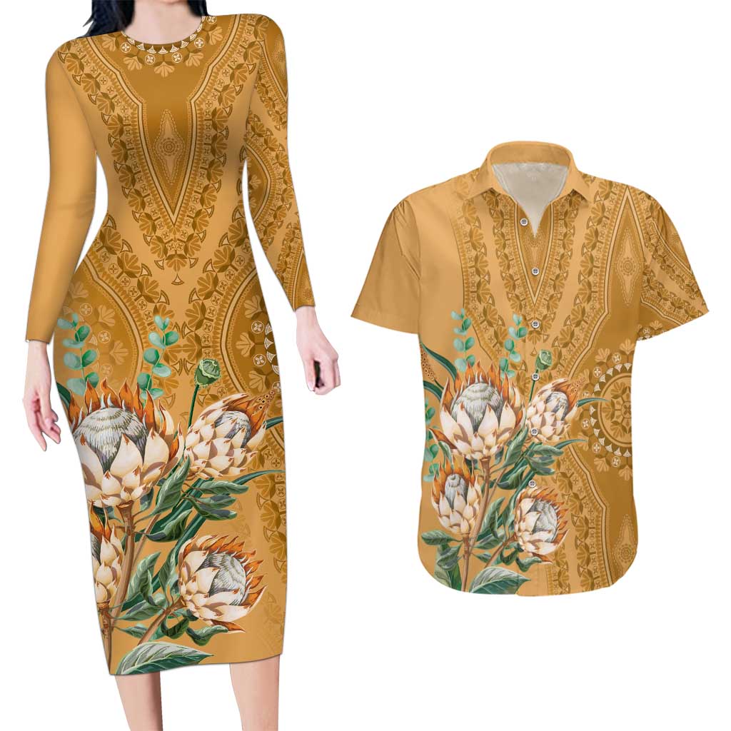 Africa King Proteas Dashiki Motif Couples Matching Long Sleeve Bodycon Dress and Hawaiian Shirt Gold Style LT9 - Wonder Print Shop