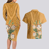 Africa King Proteas Dashiki Motif Couples Matching Long Sleeve Bodycon Dress and Hawaiian Shirt Gold Style LT9 - Wonder Print Shop