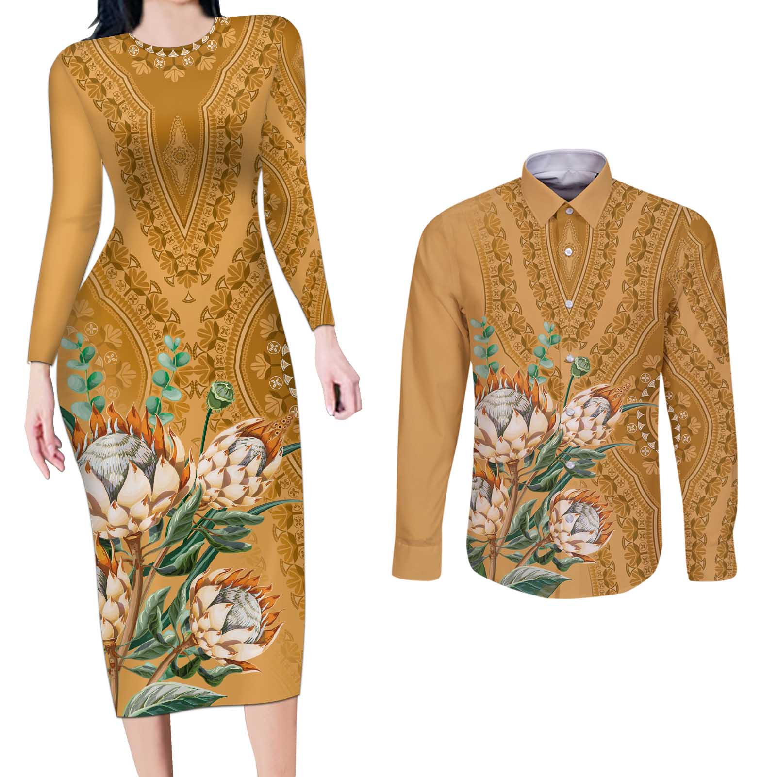 Africa King Proteas Dashiki Motif Couples Matching Long Sleeve Bodycon Dress and Long Sleeve Button Shirt Gold Style LT9 - Wonder Print Shop