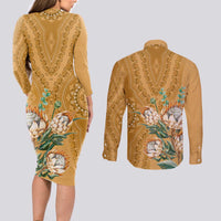 Africa King Proteas Dashiki Motif Couples Matching Long Sleeve Bodycon Dress and Long Sleeve Button Shirt Gold Style LT9 - Wonder Print Shop