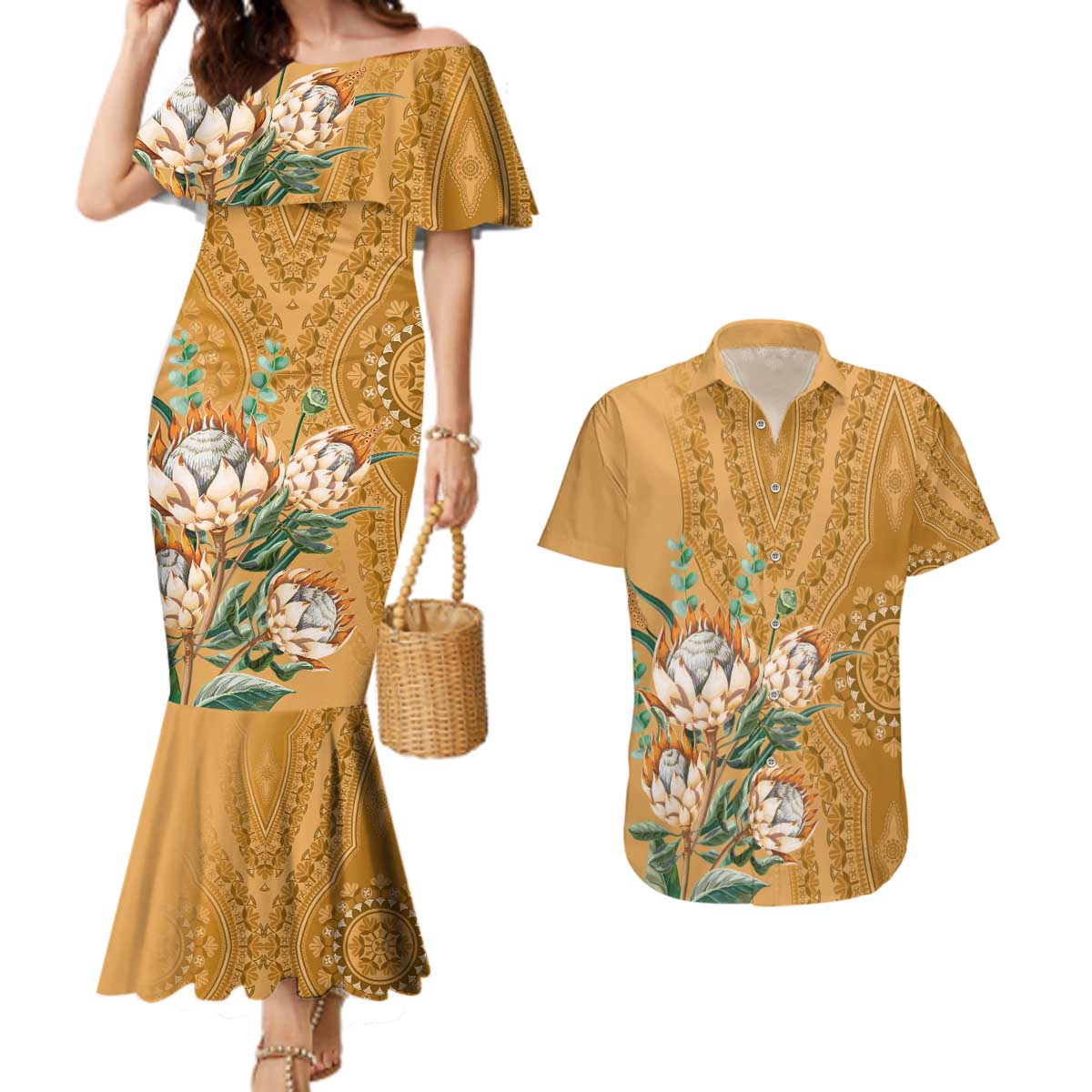 Africa King Proteas Dashiki Motif Couples Matching Mermaid Dress and Hawaiian Shirt Gold Style LT9 - Wonder Print Shop