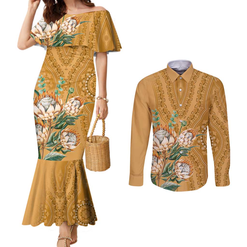 Africa King Proteas Dashiki Motif Couples Matching Mermaid Dress and Long Sleeve Button Shirt Gold Style
