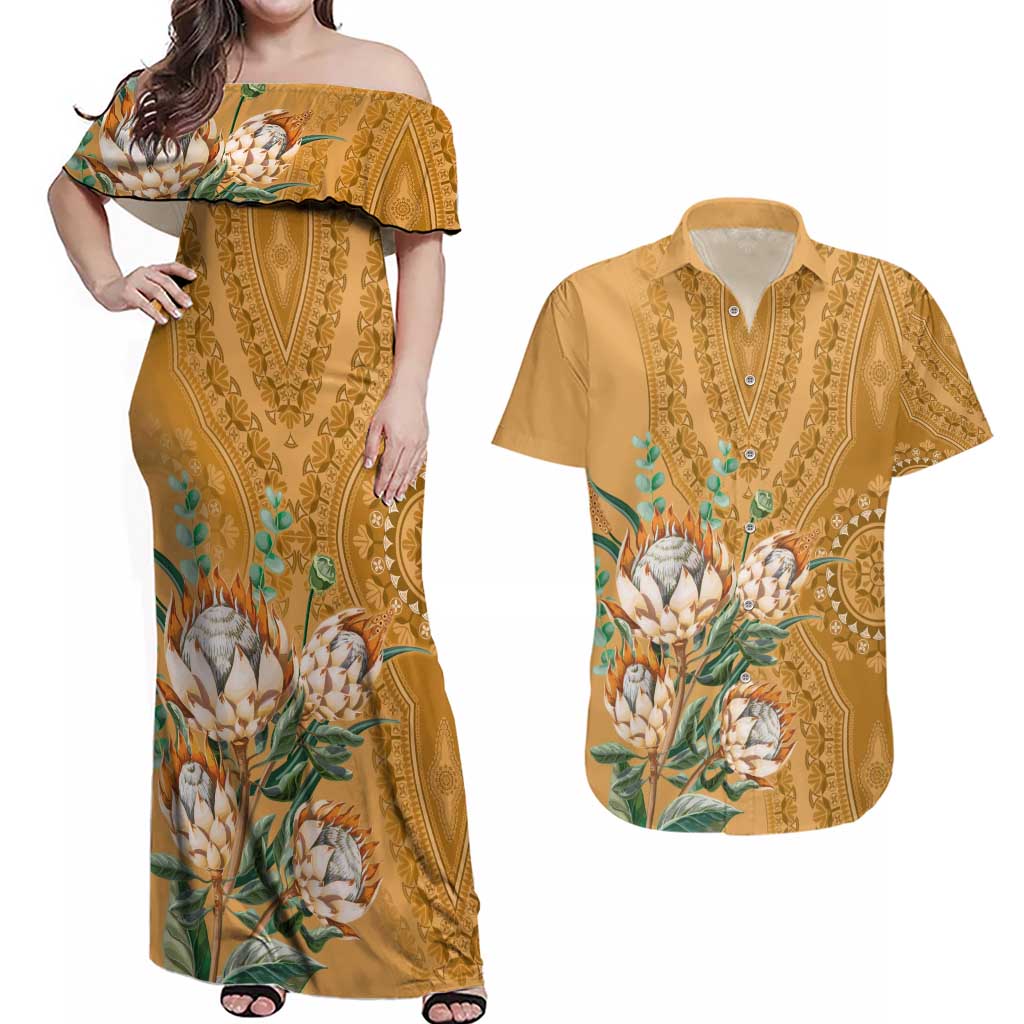 Africa King Proteas Dashiki Motif Couples Matching Off Shoulder Maxi Dress and Hawaiian Shirt Gold Style LT9 - Wonder Print Shop
