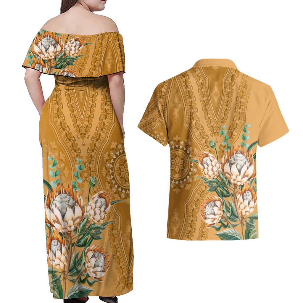 Africa King Proteas Dashiki Motif Couples Matching Off Shoulder Maxi Dress and Hawaiian Shirt Gold Style LT9 - Wonder Print Shop