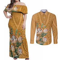 Africa King Proteas Dashiki Motif Couples Matching Off Shoulder Maxi Dress and Long Sleeve Button Shirt Gold Style LT9 - Wonder Print Shop